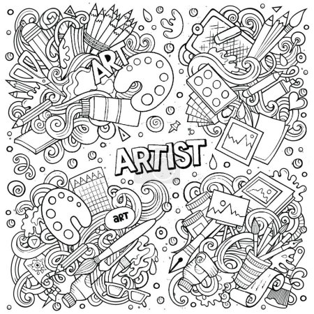 Illustration for "Line art vector hand drawn doodles cartoon set of Artist combinations of objects" - Royalty Free Image
