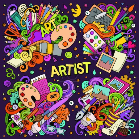 Illustration for "Colorful vector hand drawn doodles cartoon set of Artist combinations of objects" - Royalty Free Image