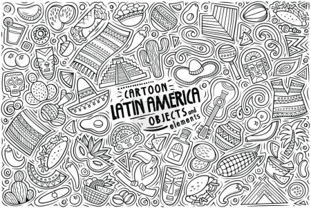 Ilustración de "Vector doodle conjunto de dibujos animados de América Latina tema objetos y símbolos" - Imagen libre de derechos