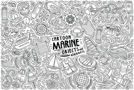 Téléchargez les illustrations : "Ensemble vectoriel de dessins animés doodle d'objets, d'objets et de symboles marins" - en licence libre de droit