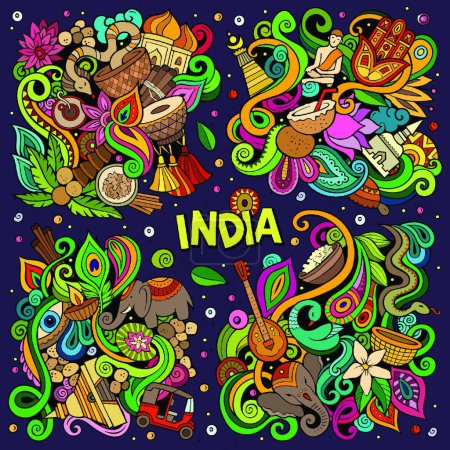 Illustration for "Colorful vector hand drawn doodles cartoon set of India combinations of objects" - Royalty Free Image