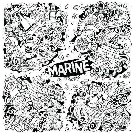 Téléchargez les illustrations : "Dessins vectoriels jeu de dessins animés de combinaisons marines d'objets" - en licence libre de droit
