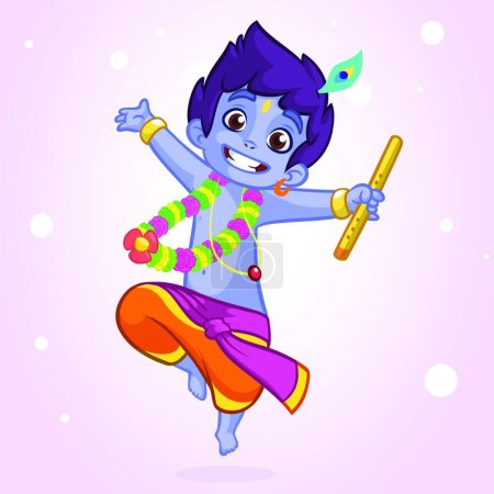 Ilustración de "Pequeña caricatura Krishna con una flauta. Tarjeta de felicitación para el cumpleaños de Krishna. Ilustración vectorial aislada sobre fondo blanco. Ilustración esbozada
" - Imagen libre de derechos