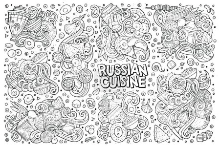 Photo pour "Ensemble vectoriel de dessins animés de gribouillis alimentaires russes" - image libre de droit
