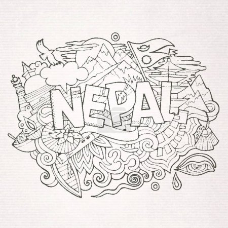 Téléchargez les illustrations : "Pays du Népal lettrage à la main et éléments de gribouillis
" - en licence libre de droit