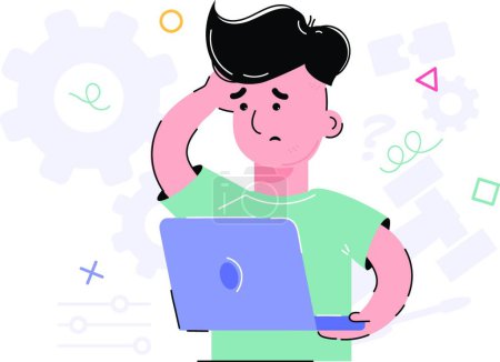 Ilustración de "Un chico confuso sosteniendo una computadora, un portátil en sus manos. Elemento para el diseño de presentaciones, aplicaciones y sitios web. Ilustración de tendencias." - Imagen libre de derechos
