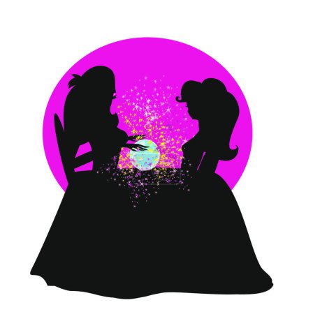 Téléchargez les illustrations : "Fortune caissier femme lecture avenir sur boule de cristal magique" - en licence libre de droit