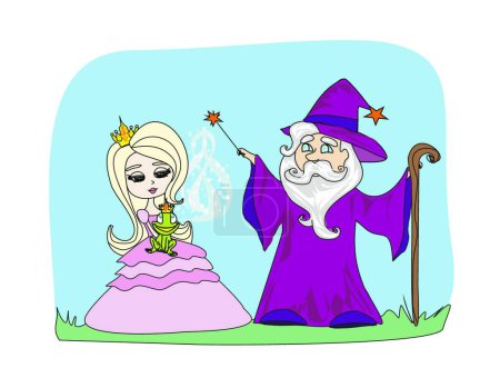 Photo pour "Illustration de bande dessinée de Fantasy Wizard avec baguette magique jetant un sort et grenouille enchantée
" - image libre de droit