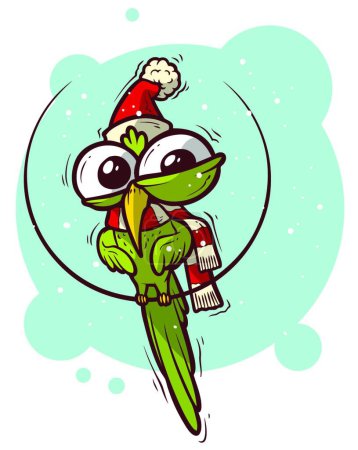 Ilustración de "Divertido pájaro verde en sombrero de Navidad y bufanda" - Imagen libre de derechos