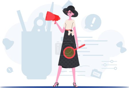 Illustration for A woman stands in full growth with a magnifying glass and a loudspeaker in her hands. Human resource. Element for presentation. - Royalty Free Image
