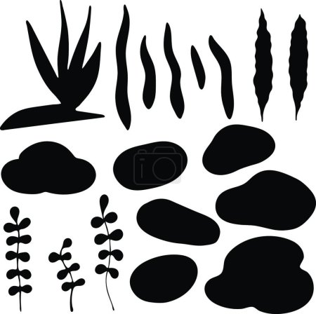 Illustration for "Set of Seaweed and Rock Silhouette. Seaweed and Rock Silhouette Collection. Elements Isolated on White Background." - Royalty Free Image