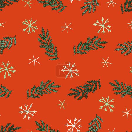 Illustration for Seamless green fir tree branches pattern with snowflakes on contrast coral background - Royalty Free Image