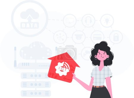 Photo for "The woman is depicted waist-deep, holding an icon of a house in her hands. Internet of things and automation concept. Good for presentations and websites. Vector illustration in trendy flat style." - Royalty Free Image