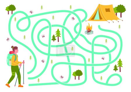 Illustration for "Labyrinth, help the girl traveler to find the right way to the tourist camp. Logical quest for children. Cute illustration for childrens books, educational game" - Royalty Free Image