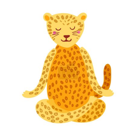 Illustration for Cartoon Jaguar performing yoga exercise. Drawing animal character sitting in lotus posture and meditating vipassana - Royalty Free Image