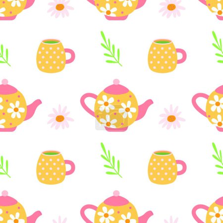 Ilustración de "Teteras y tazas con té, margaritas sobre fondo blanco, patrón sin costuras vectoriales en estilo plano dibujado a mano" - Imagen libre de derechos