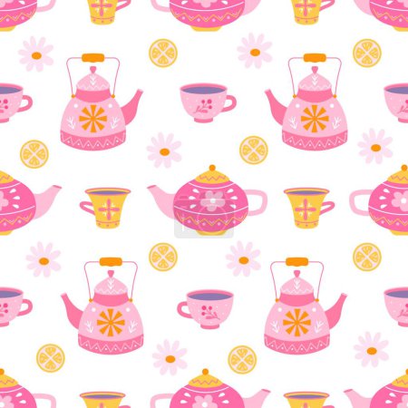 Ilustración de "Teteras y tazas con té, margaritas y limón sobre fondo blanco, patrón sin costuras vectoriales en estilo plano dibujado a mano" - Imagen libre de derechos