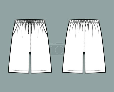 Illustration for "Shorts Sport training Bermuda Activewear technical fashion illustration with elastic low waist, drawstrings, pockets" - Royalty Free Image