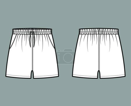 Illustration for "Sport training shorts technical fashion illustration with elastic low waist, rise, drawstrings, Relaxed fit micro length" - Royalty Free Image