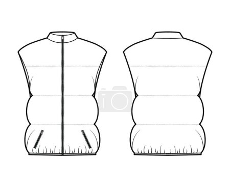 Illustration for "Down vest puffer waistcoat technical fashion illustration with sleeveless, stand collar, pockets, oversized, hip length" - Royalty Free Image