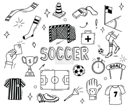 Ilustración de "Vector dibujado a mano garabatos dibujos animados conjunto de cosas de fútbol. Ilustraciones de fútbol aisladas en blanco" - Imagen libre de derechos