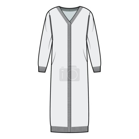 Illustration for "Midi cardigan technical fashion illustration with rib V- neck, long sleeves, oversized, mid-calf length, knit trim" - Royalty Free Image