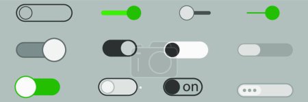 Ilustración de "Botones de interruptor de palanca de encendido y apagado con letras Dispositivos modernos Interfaz de usuario Mockup o plantilla - Verde y gris sobre fondo blanco - Diseño gráfico de degradado vectorial" - Imagen libre de derechos