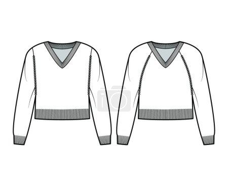 Illustration for "Set of V-neck cropped Sweaters technical fashion illustration with long raglan sleeves, thigh length, knit trim. Flat" - Royalty Free Image
