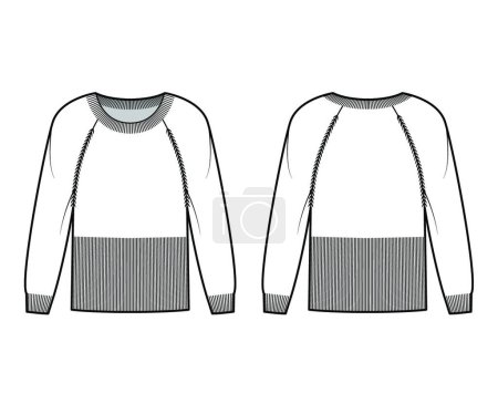 Illustration for "Waisted Sweater technical fashion illustration with rib round neck, long raglan sleeves, fitted body, hip length, trim" - Royalty Free Image