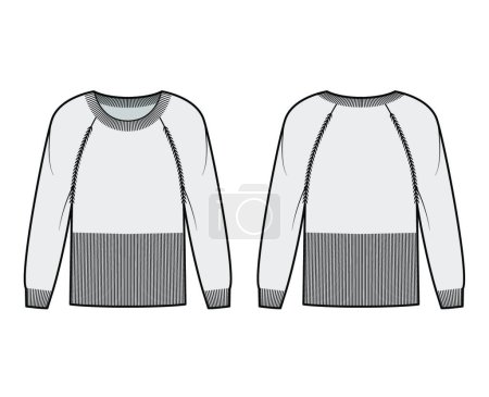 Illustration for "Waisted Sweater technical fashion illustration with rib round neck, long raglan sleeves, fitted body, hip length, trim" - Royalty Free Image