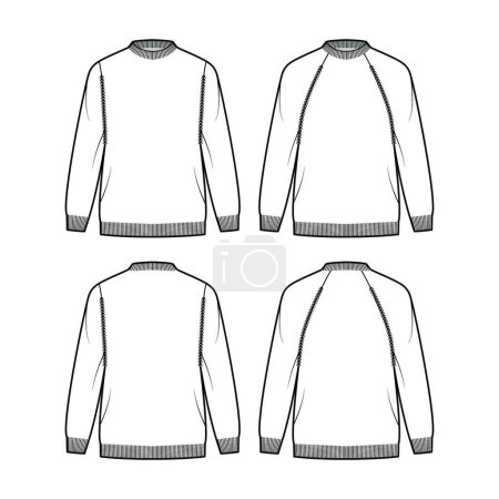 Illustration for "Set of Rib Fisherman Sweaters technical fashion illustration with crewneck, long raglan sleeves, hip length, knit trim" - Royalty Free Image