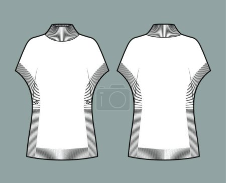 Illustration for "Poncho Sweater technical fashion illustration with rib turtleneck, short batwing sleeves, oversized, hip length, trim" - Royalty Free Image