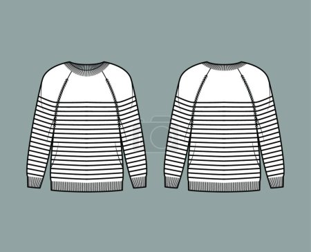 Illustration for "Sailor Sweater Striped Pullover technical fashion illustration with rib crew neck, long raglan sleeves, oversized, cuff" - Royalty Free Image