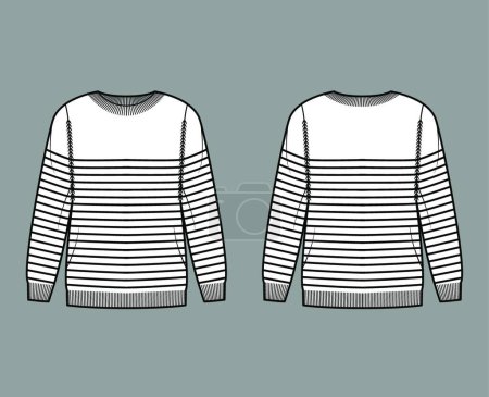 Illustration for "Sailor Sweater Striped Pullover technical fashion illustration with rib crew neck, long sleeves, hip length, knit cuff" - Royalty Free Image
