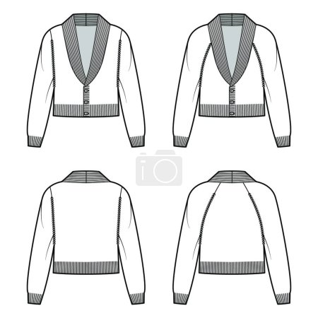 Illustration for "Set of cropped Cardigans Shawl collar Sweater technical fashion illustration with sleeves, waist length, knit trim" - Royalty Free Image