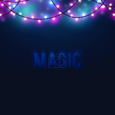Illustration for "Mysterious blurred background with glowing light bulb garlands. Fairy lights decor for Christmas, New Year, birthday celebration flyer, banner or invitation. Vector illustration." - Royalty Free Image