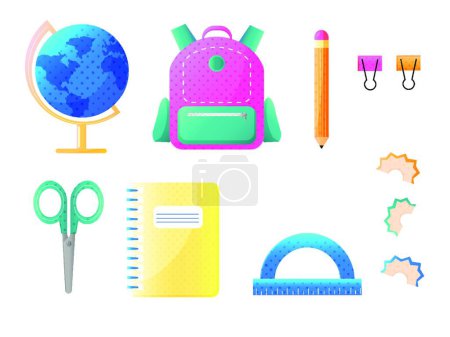 Ilustración de "Volver a la escuela conjunto de ilustraciones. Bolso escolar, globo, tijeras, lápiz, regla, cuaderno, clips." - Imagen libre de derechos