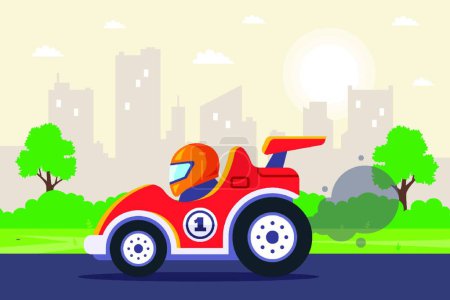 Illustration for "racing car rides on the track against the backdrop of the city." - Royalty Free Image