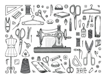 Illustration for "Set sewing accessories line art. Tailor profession. Sewing machine scissors manikin fabrics needle bar thread thimble. Hand drawn vector illustration." - Royalty Free Image