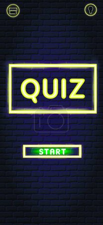 Illustration for "Vector mockup of mobile app game quiz intellectual contest home screen on brick wall background with neon sign and icons." - Royalty Free Image
