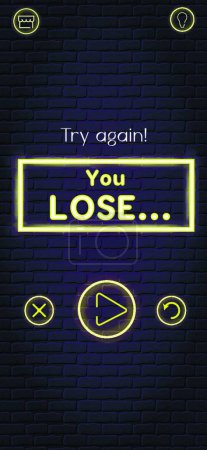 Illustration for "Vector mockup of mobile app game quiz intellectual contest losing screen on brick wall background with neon sign and icons." - Royalty Free Image