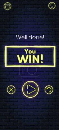 Illustration for "Vector mockup of mobile app game quiz intellectual competition win screen on brick wall background with neon sign and icons." - Royalty Free Image