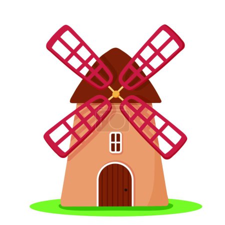 Illustration for "Vector cartoon windmill isolated on white background. Flat mill illustration. Cute farmhouse for grinding grain. Rural netherlands building" - Royalty Free Image