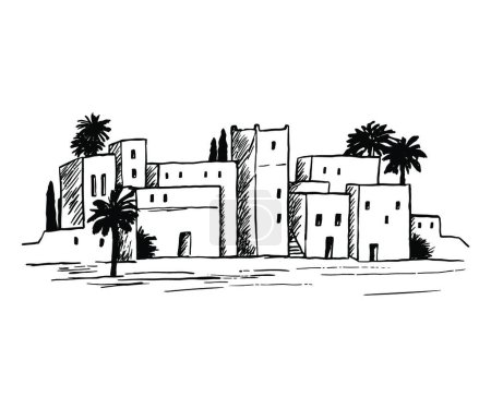 Téléchargez les illustrations : "Paysage avec la vieille ville saoudienne ou jordanienne. Croquis au crayon de l'architecture islamique traditionnelle sur fond blanc." - en licence libre de droit