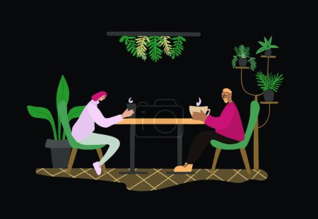 Ilustración de "cita noche diversas parejas disfrutando de una cena romántica en el interior. una joven de pelo rosa y un joven toman café en una mesa rodeada de plantas" - Imagen libre de derechos