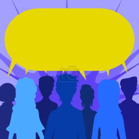 Illustration for "Group Of People Sharing Important Informations In Speech Bubble. Business Team Presenting Critical Announcements In United Dialogue Balloon. Crutial Message Displayed." - Royalty Free Image
