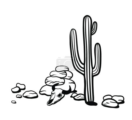 Ilustración de "Esquema del paisaje del desierto. Ilustración de vectores blanco y negro. Cactus mexicanos, rocas y cráneo de animal" - Imagen libre de derechos