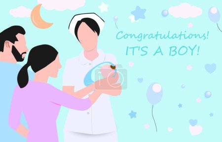 Illustration for "Happy parent and nurse holding newborn boy baby on hands. Dad and Mom meeting child infant have comfort from doctor. Motherhood concept. Baby shower banner with cartoon. It's a boy. Flat vector." - Royalty Free Image