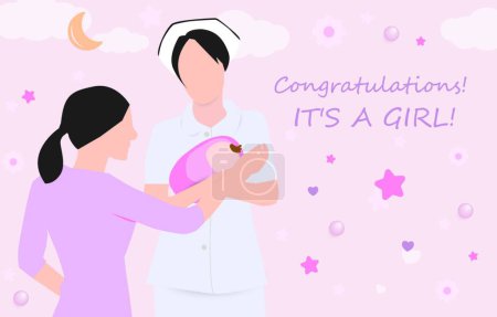 Illustration for "Happy young mother and nurse holding newborn girl baby on hands. Mom meeting child infant have comfort from doctor. Motherhood concept. Baby shower banner with cartoon. It's a girl. Flat vector." - Royalty Free Image
