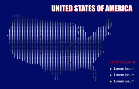 Illustration for "Useful infographic template. Pixel dotted map of United States of America in USA flag color theme. Communication network concept 5G, IoT (Internet of Things) Telecommunication. Vector illustration." - Royalty Free Image